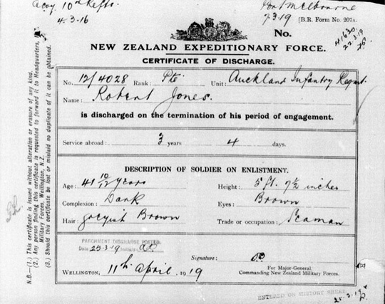 New Zealand World War I discharge paper